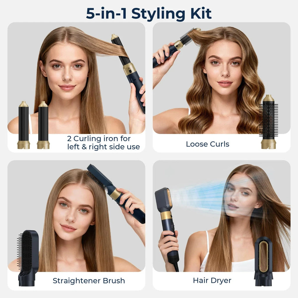 Multi-Function Hair Dryer Styler Brush with 5 Attachments - Salon Styling at Home