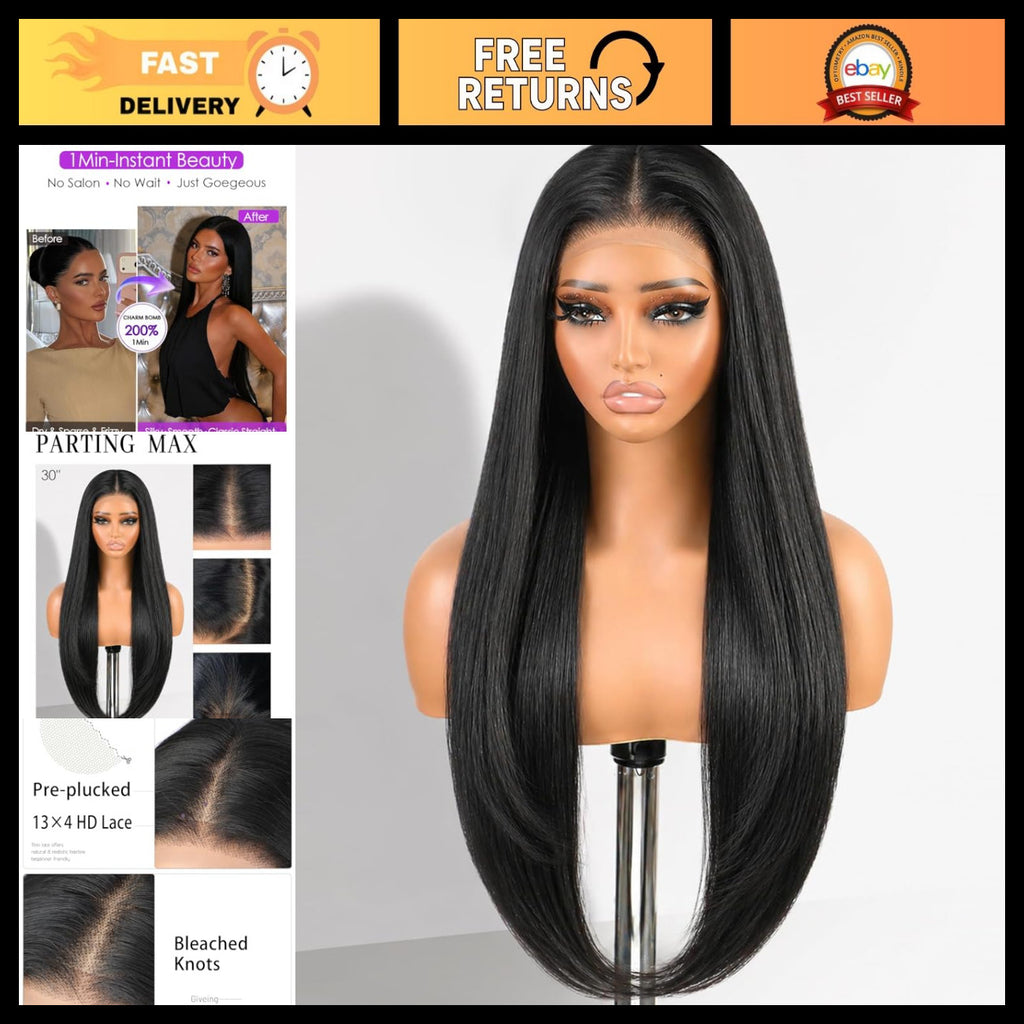 30-Inch Black Lace Front Wig with Pre-Plucked Hairline, Glueless Synthetic Hair