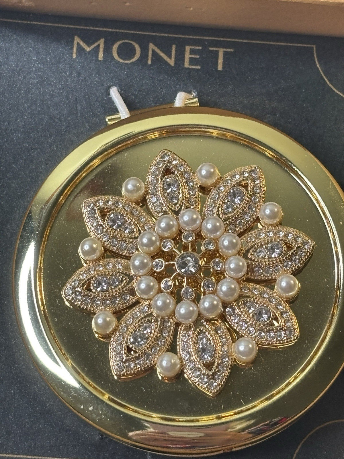 Monet Compact Mirror with Gold Tone Rhinestone Pearls Filigree