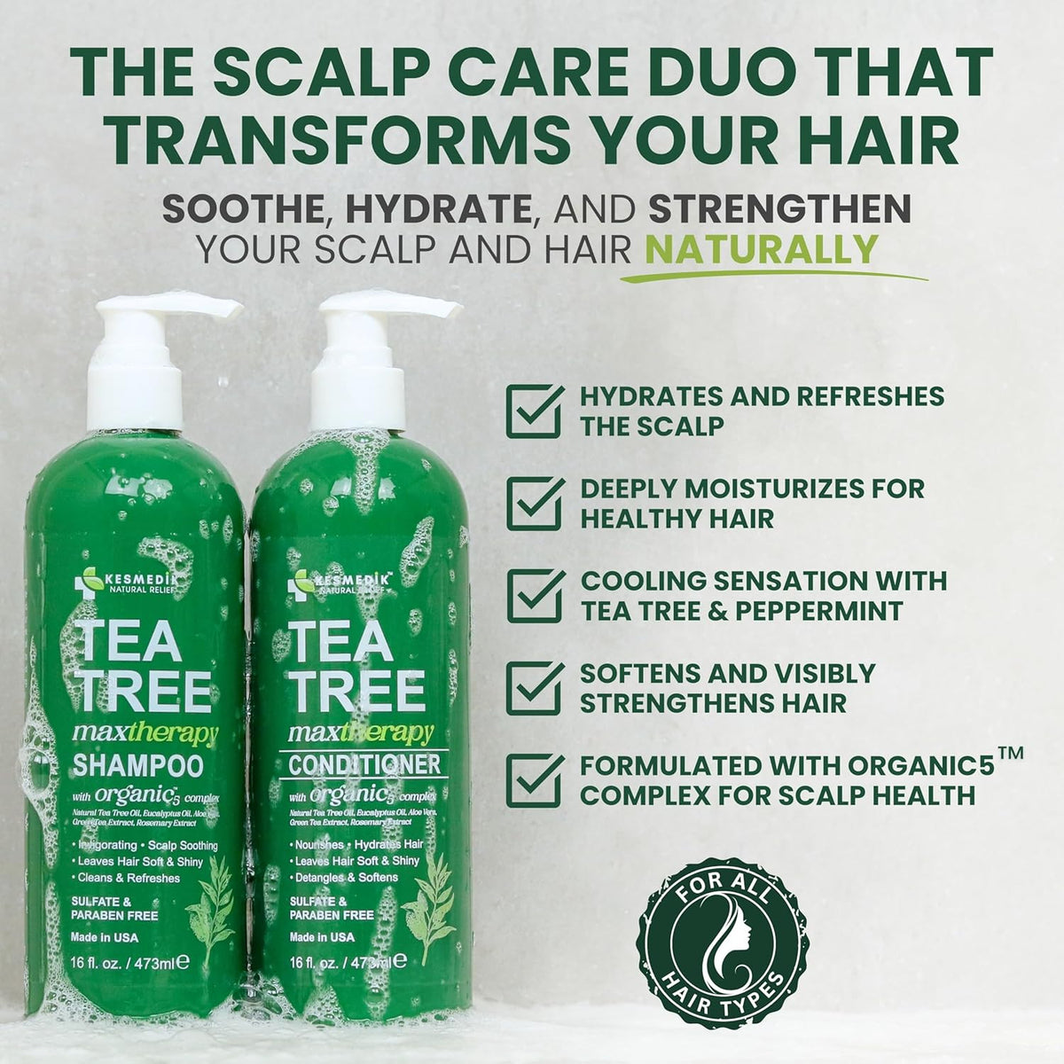 Tea Tree Oil Shampoo and Conditioner Set for Itchy Scalp Relief - Natural Clarifying Hair Care