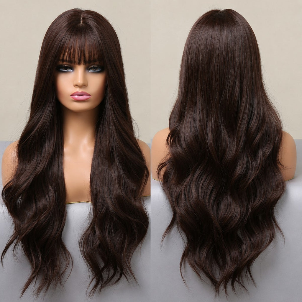 Dark Brown Long Wavy Heat-Resistant Synthetic Cosplay Wig with Bangs