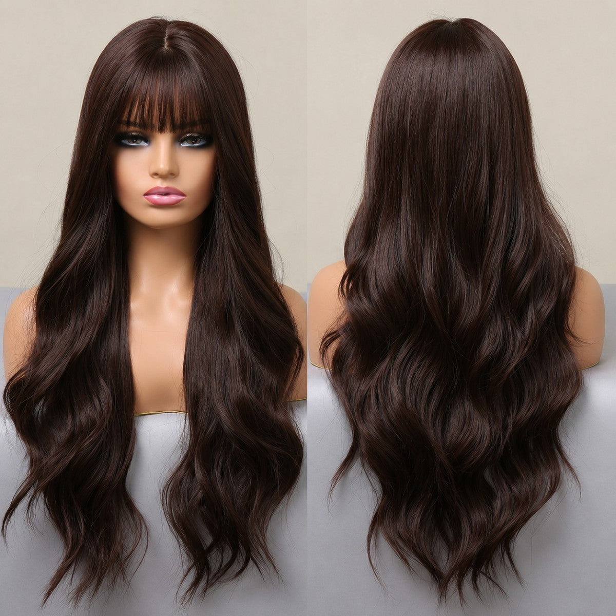 Dark Brown Long Wavy Heat-Resistant Synthetic Cosplay Wig with Bangs