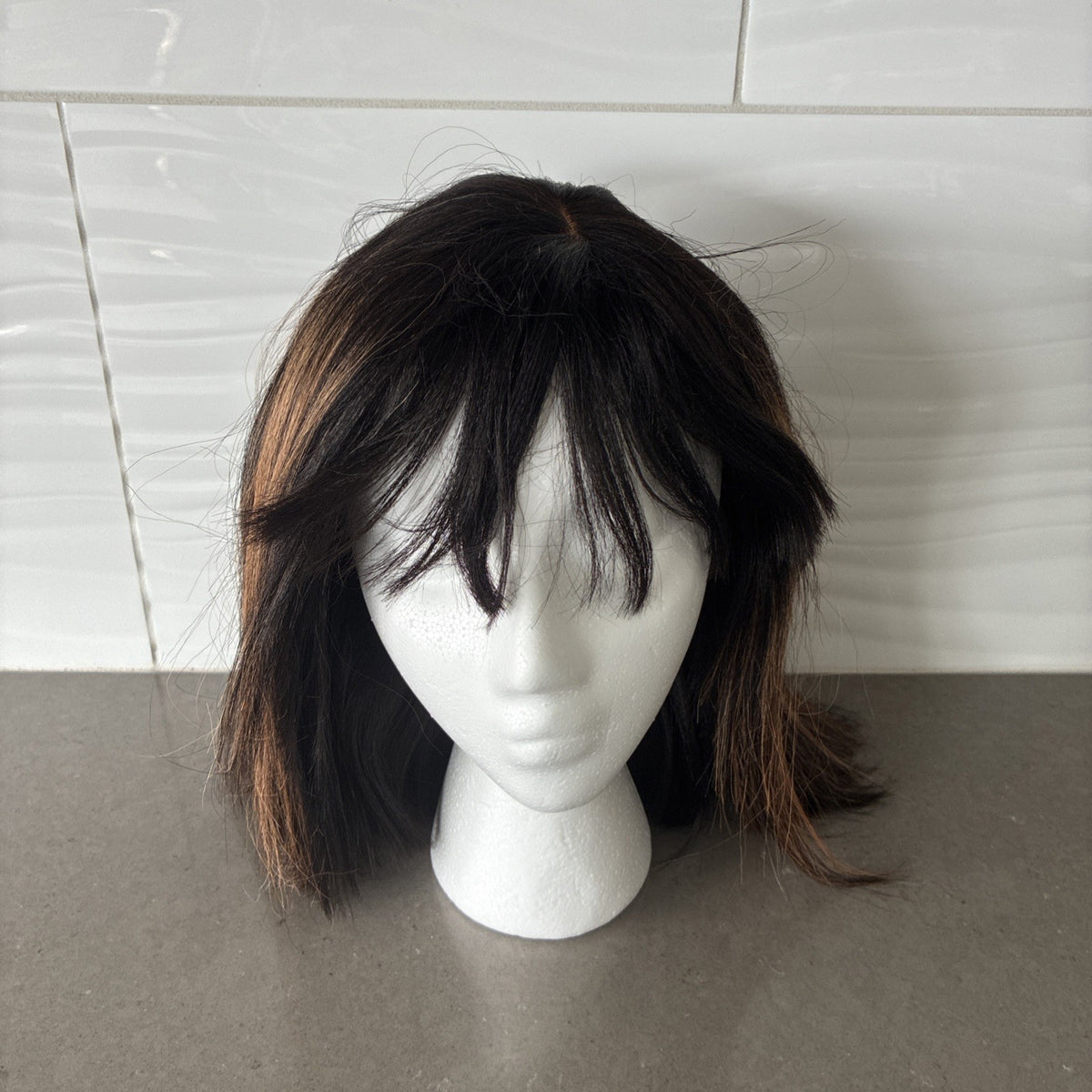 Brown Highlight Yaki Bob Wig with Bangs - Glueless Lace Cap, Medium Size