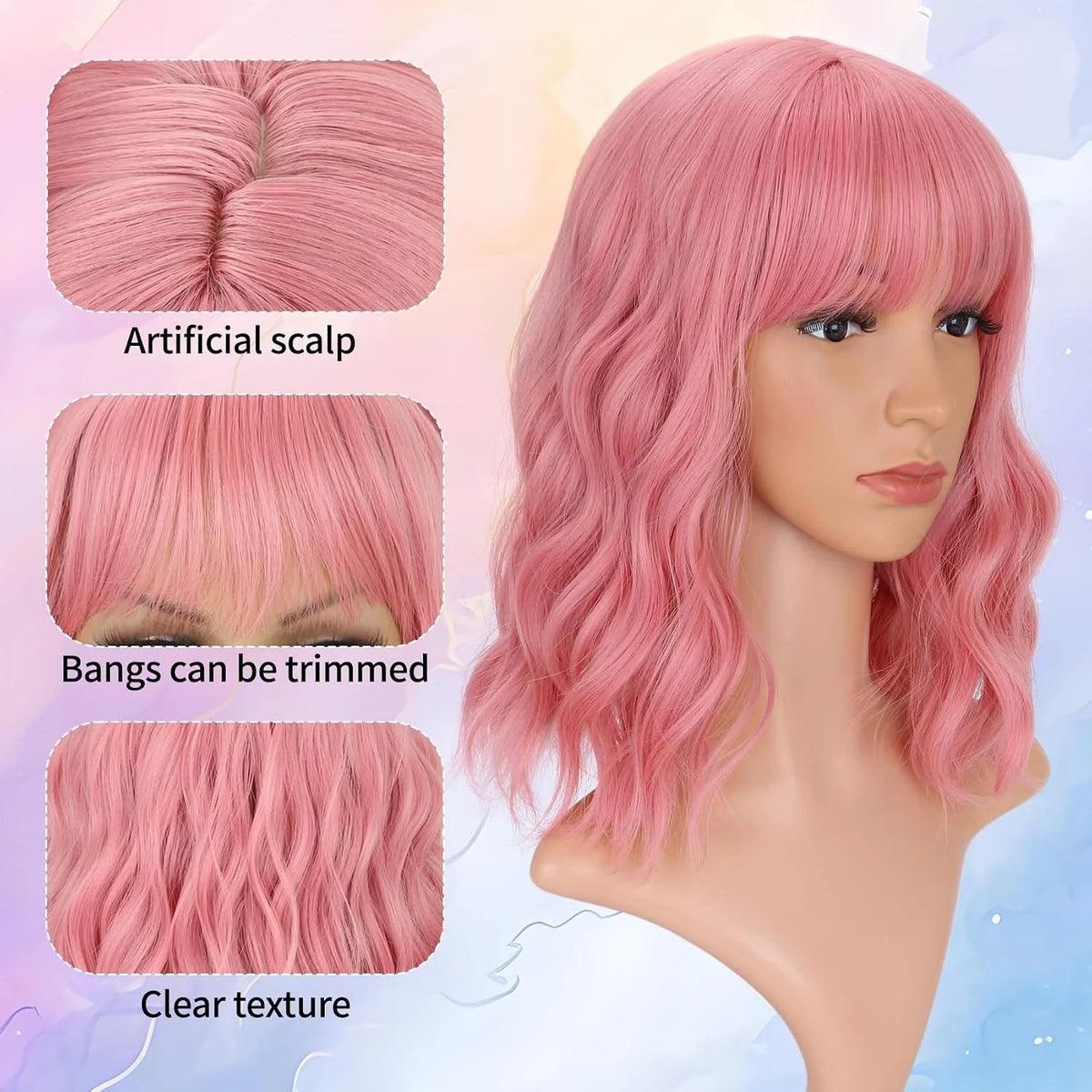Pink Wavy Bob Wig with Air Bang - 14 Inch Curly Synthetic Hair for Women