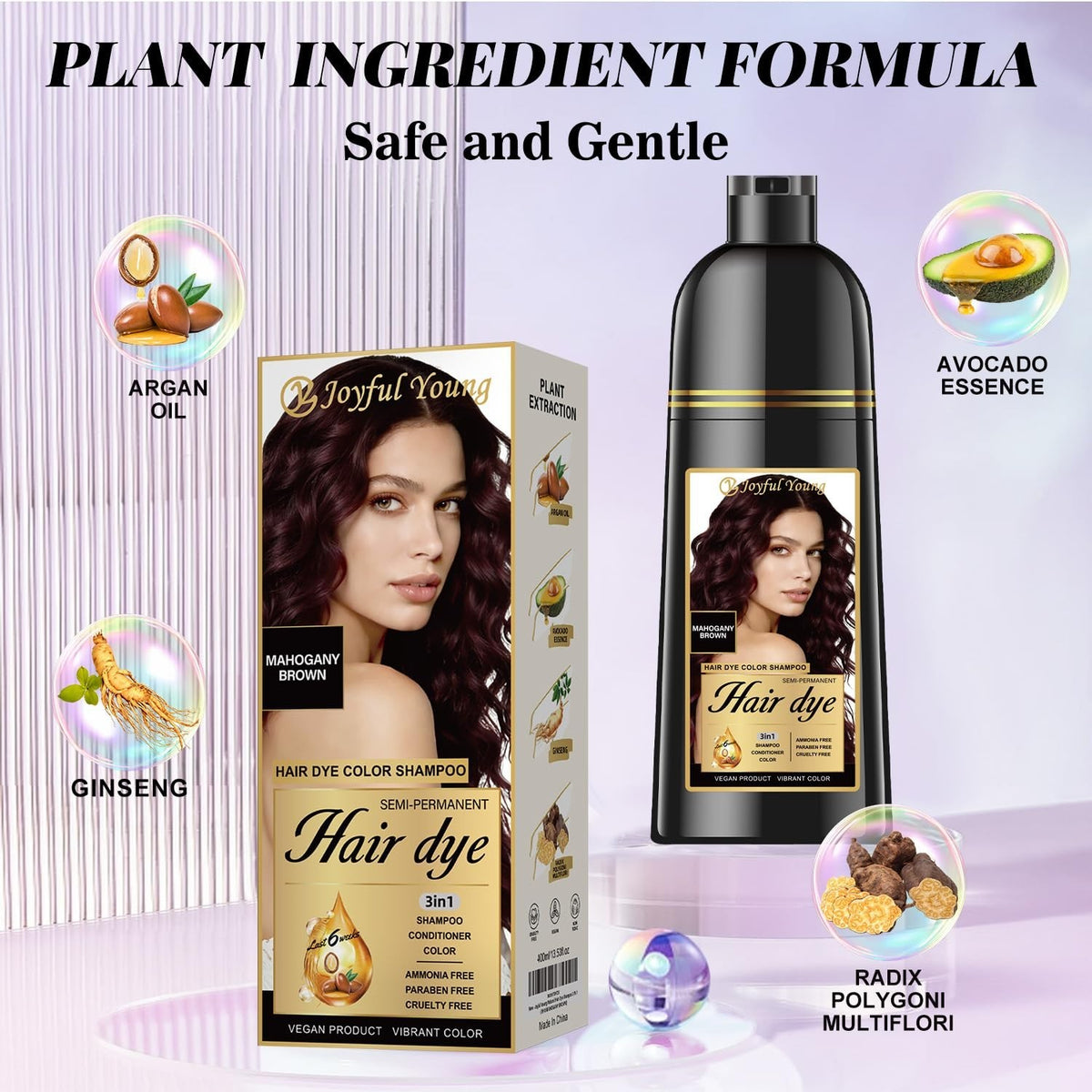 400ML Natural Hair Dye Shampoo with Argan Oil - Mahogany Brown