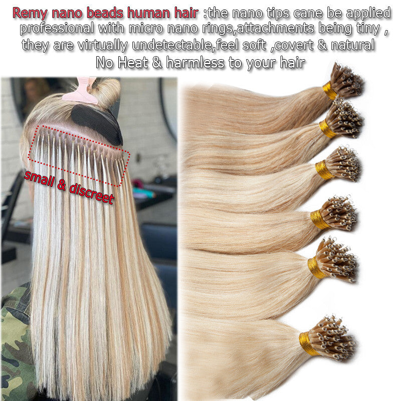 Thick 150PCS Remy Human Hair Extensions Nano Ring Beads Micro Loop 14-24 Inch