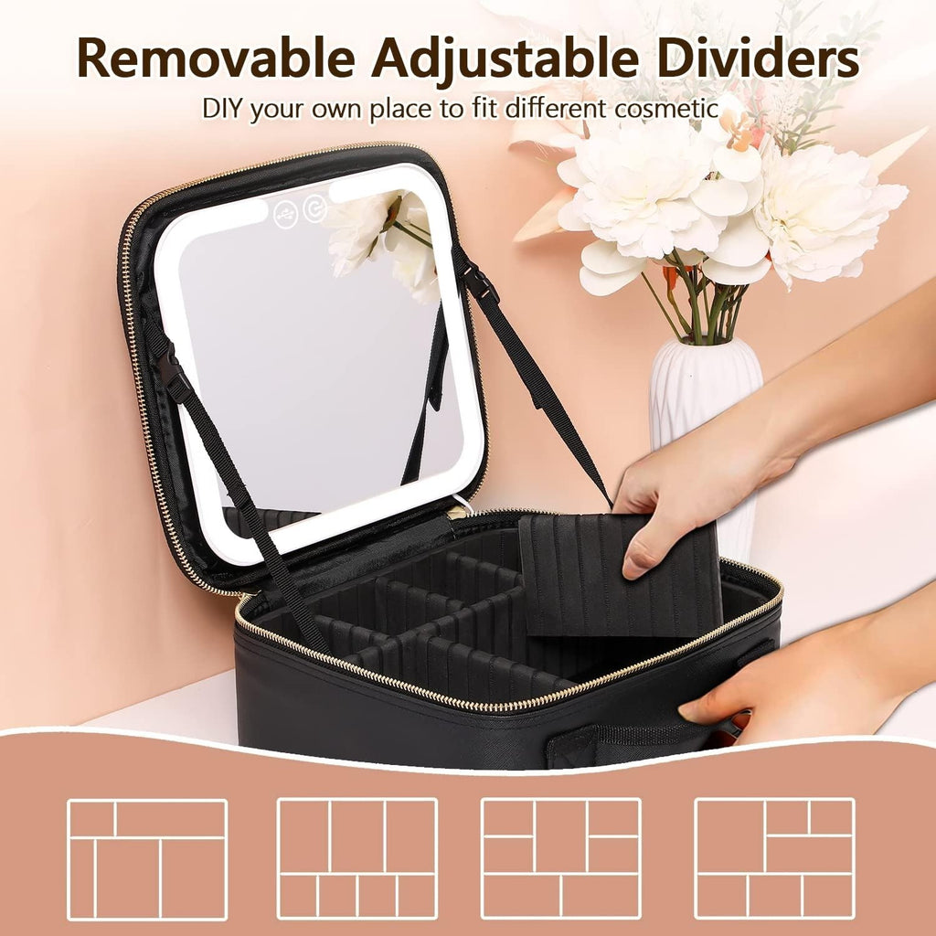 Travel Makeup Bag with LED Lighted Mirror and Adjustable Compartments