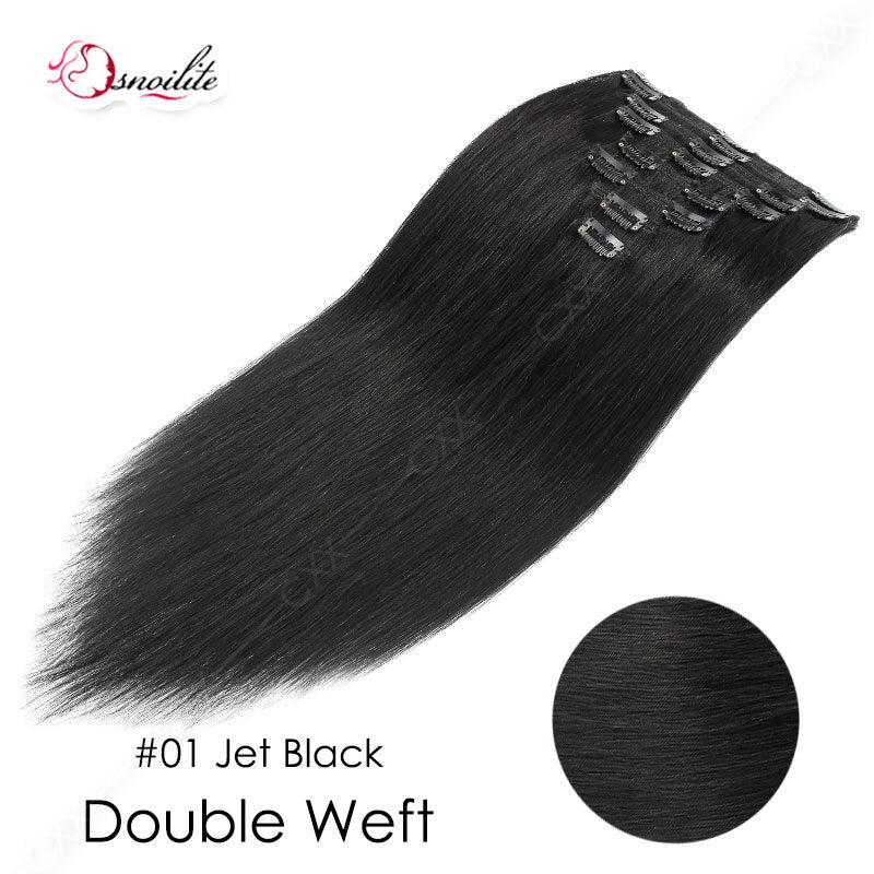 Double Drawn Human Hair Extensions Full Head Clip-In Weft Set - Brown
