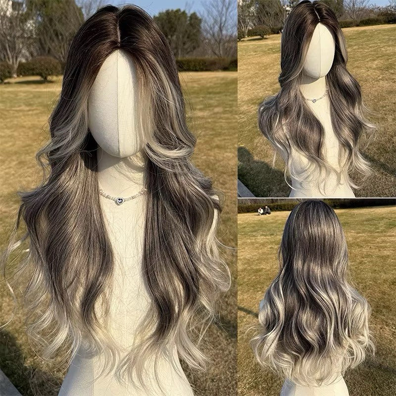 Lace Front 28-Inch Wig for Cosplay Halloween Party Dark Black Roots Gray White