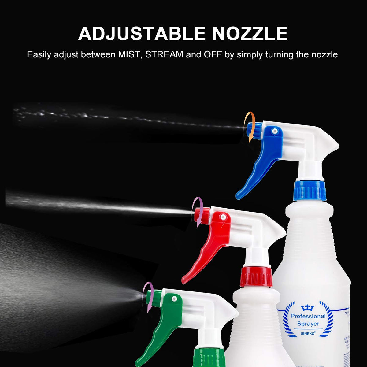Heavy Duty 32 Oz Plastic Spray Bottles 3-Pack, Leak-Proof All-Purpose with Adjustable Nozzle