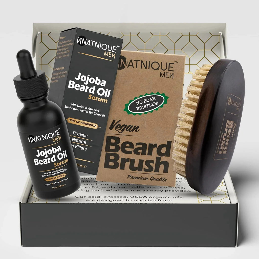 Organic Jojoba Beard Care Gift Set with Conditioner & Brush – Vegan, Natural