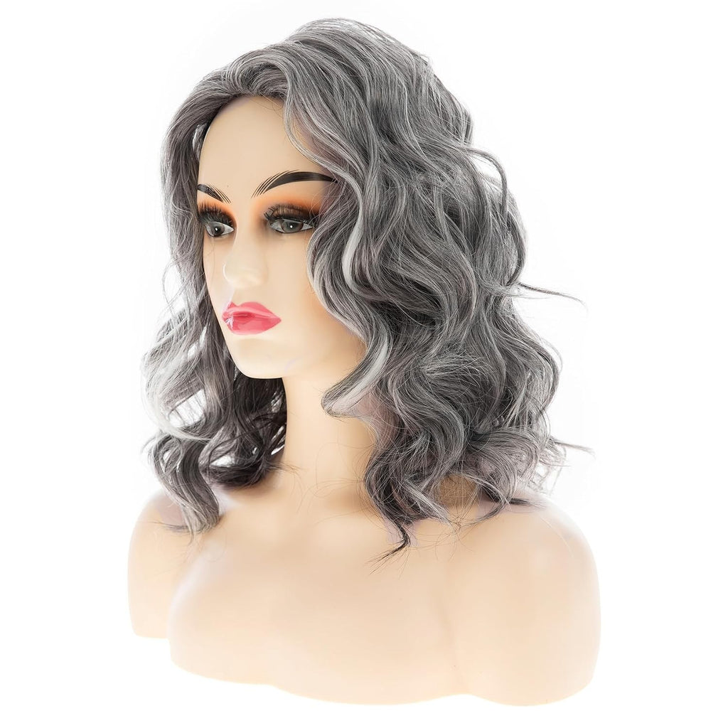 Womens Curly Wavy Synthetic Wig - Medium Long Grey Hair for Parties