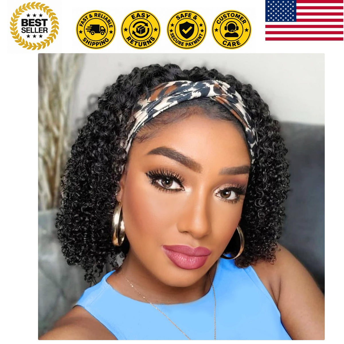 10 Inch Curly Human Hair Wig for Black Women - Natural Black, Easy Install Headband Style