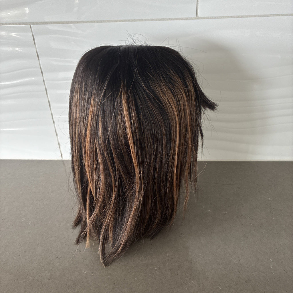 Brown Highlight Yaki Bob Wig with Bangs - Glueless Lace Cap, Medium Size