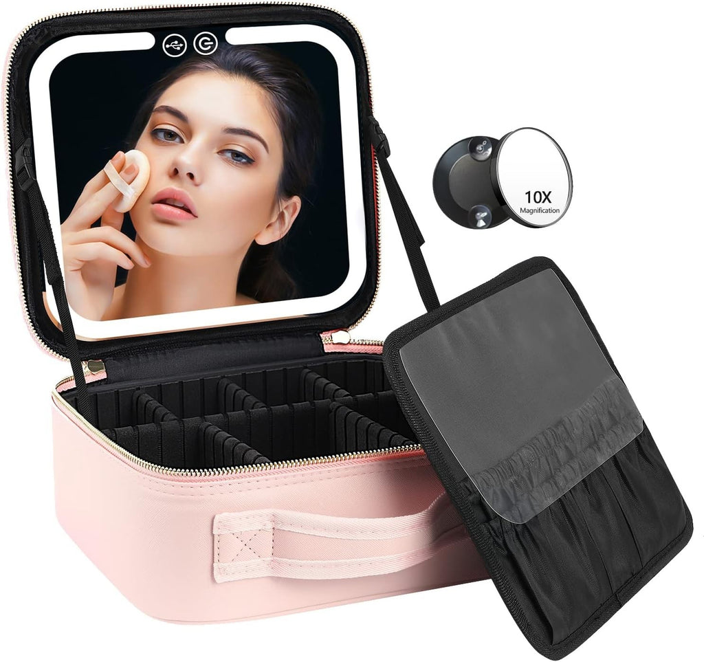 Travel Makeup Bag with LED Lighted Mirror and Adjustable Compartments