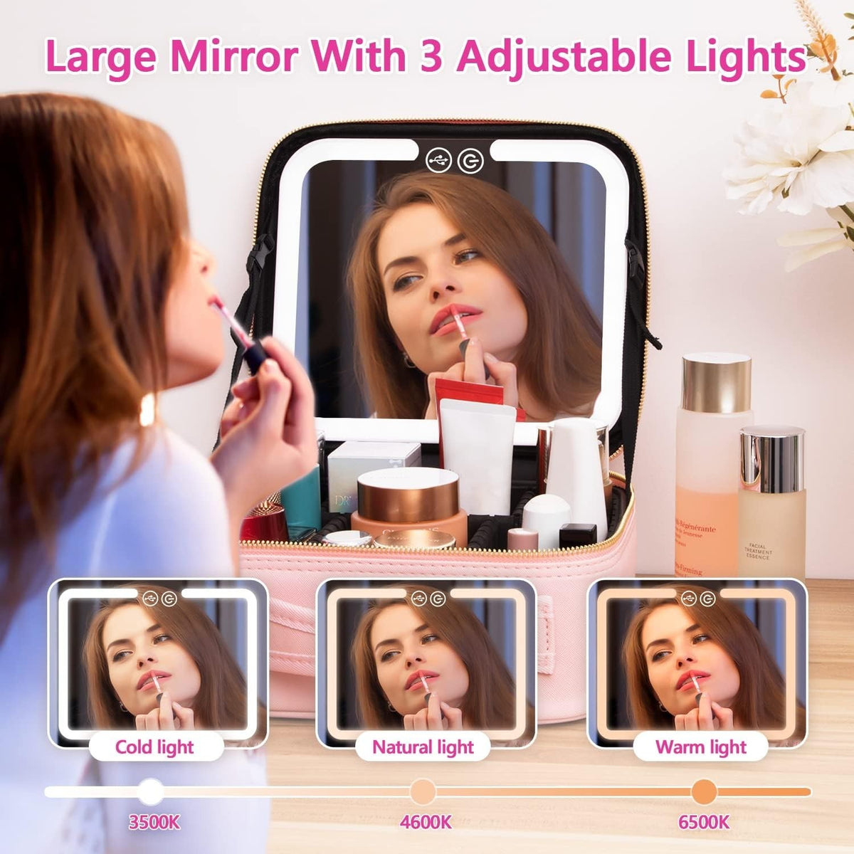 Travel Makeup Bag with LED Lighted Mirror and Adjustable Compartments