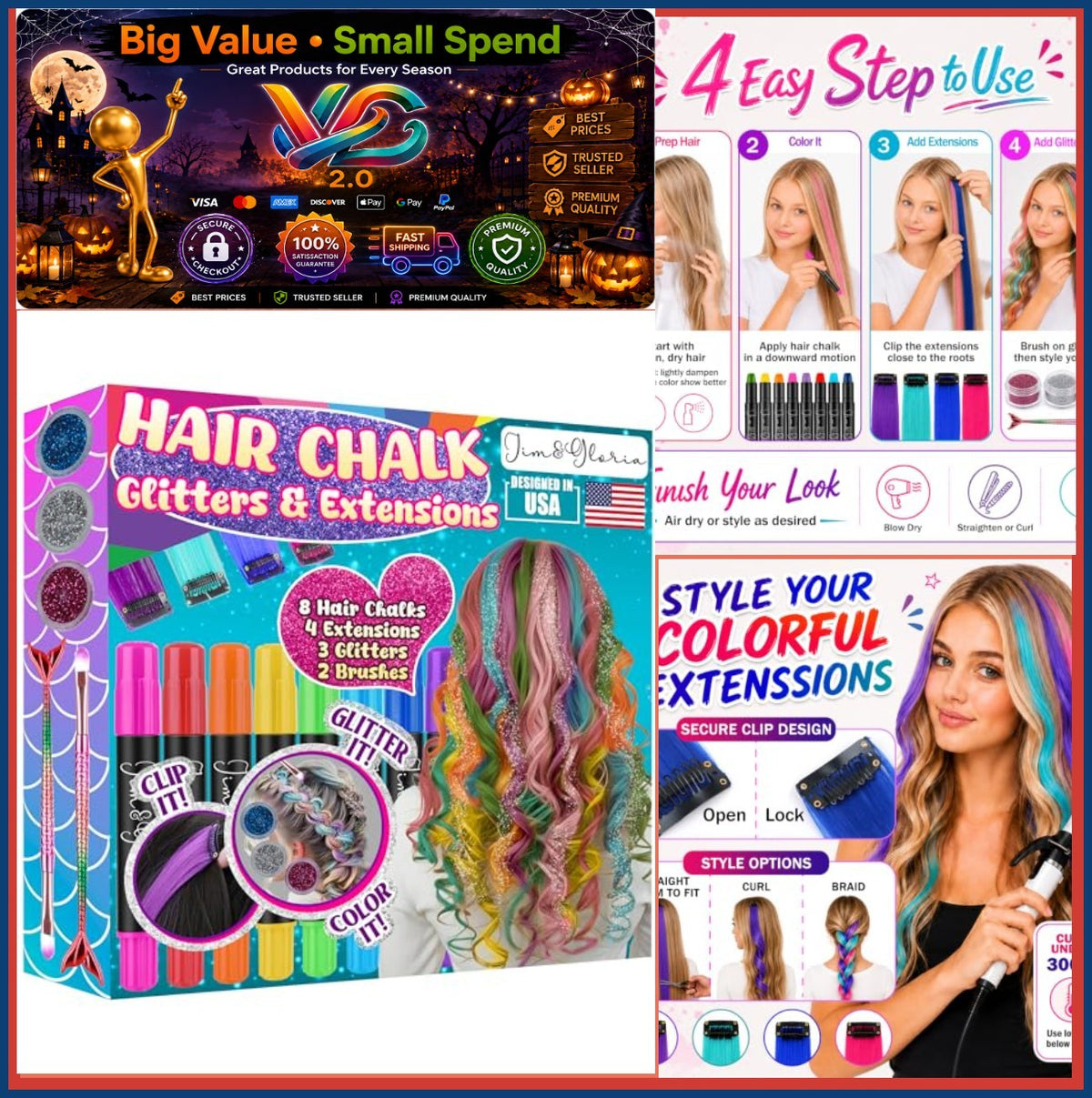 Washable Hair Chalk Set with Clip-In Extensions - 17 Colors for Temporary Hair Coloring