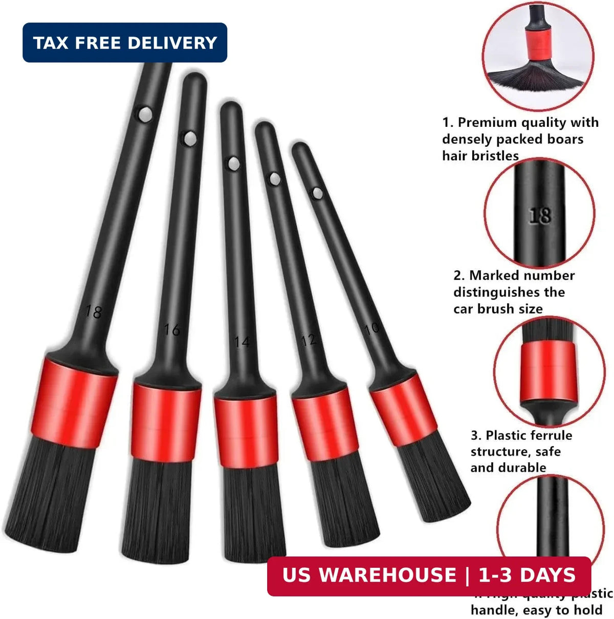 Auto Detailing Brush Set with Boar Hair & Steel Wire - 11 Pieces