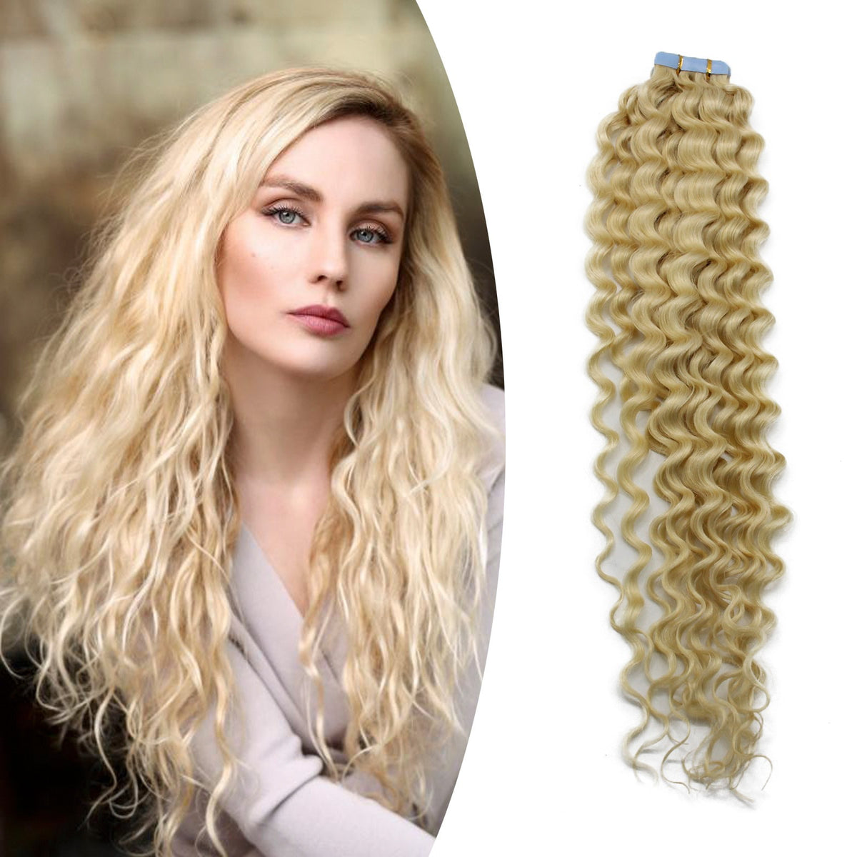 Remy Human Hair Extensions Seamless Tape-In Wefts 18 Inch Curly & Straight