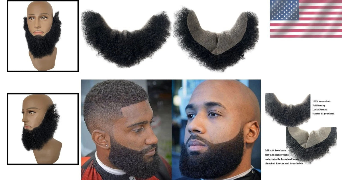 Realistic Afro Curl Beard & Mustache System for Black Men 12x3 Inch