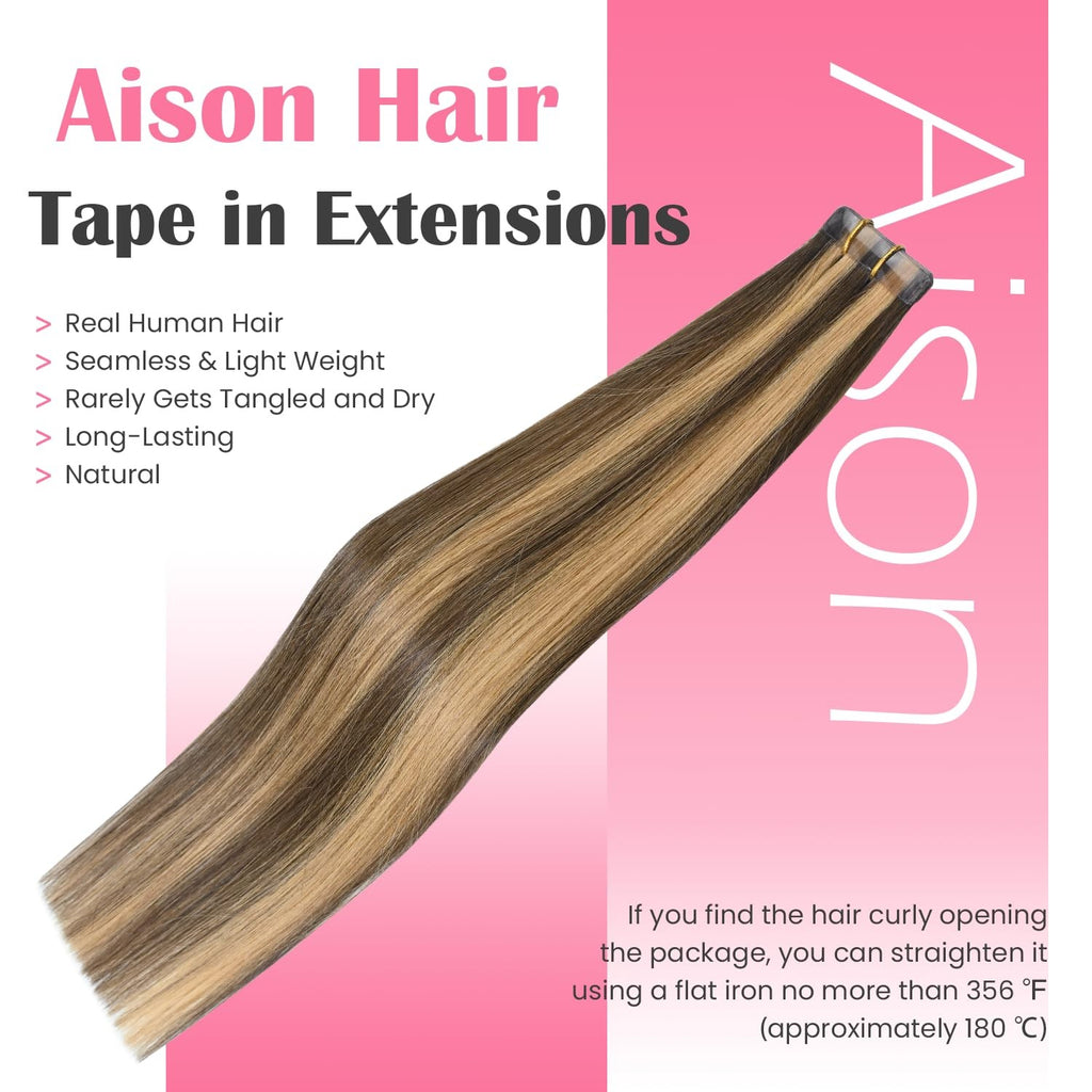Highlight Chocolate Brown Caramel Blonde Tape-In Hair Extensions - Human Hair