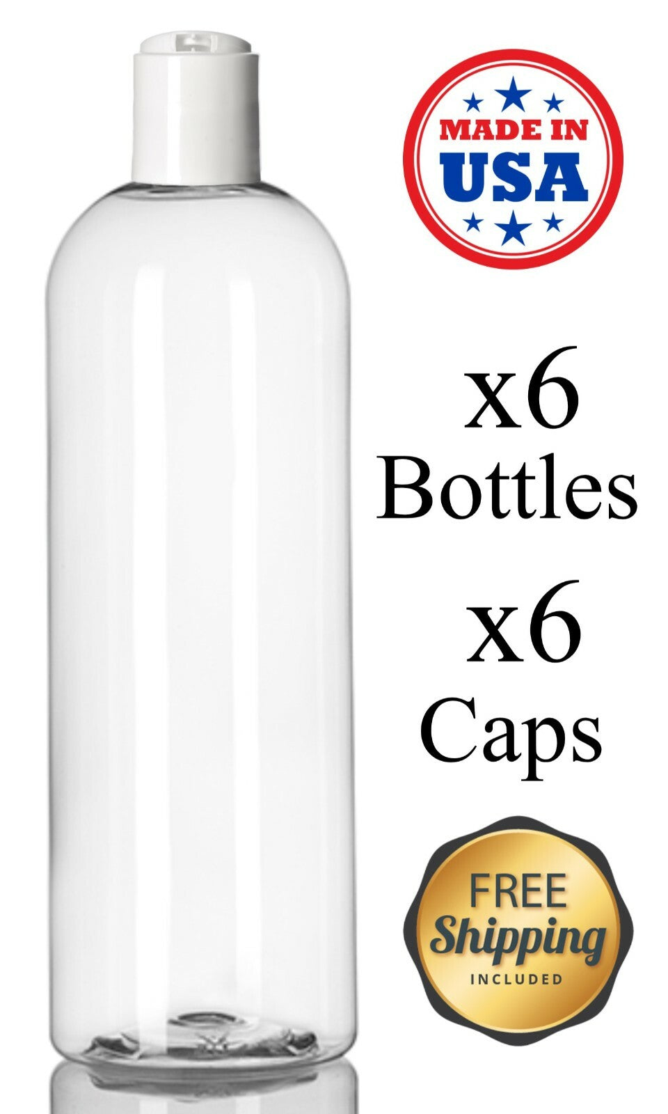 16 oz PET Plastic Cosmo Round Bottles with White Cap Bulk Pack - Clear