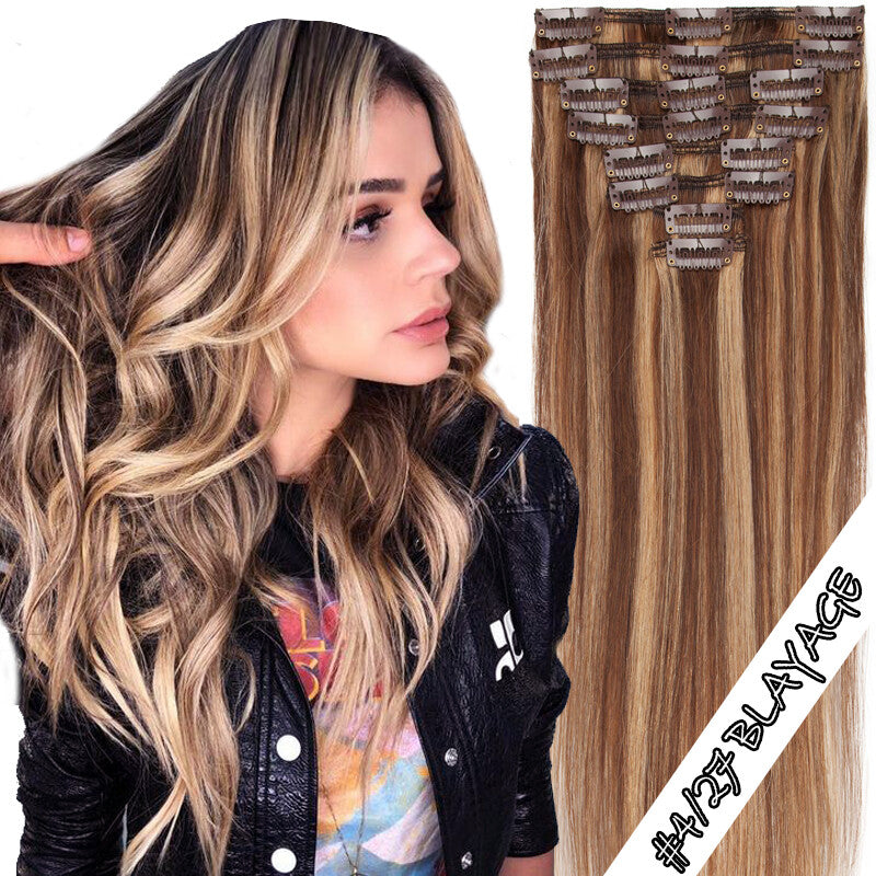 100% Human Hair Extensions Clip-In Full Head Set - Multiple Colors & Lengths