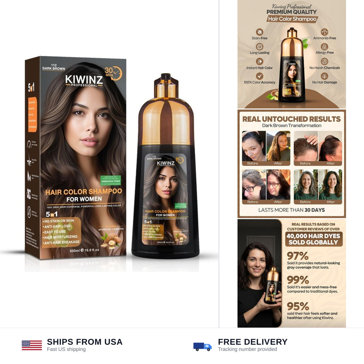Dark Brown Hair Color Shampoo 5 in 1 Gray Hair Dye - Long Lasting, Ammonia-Free