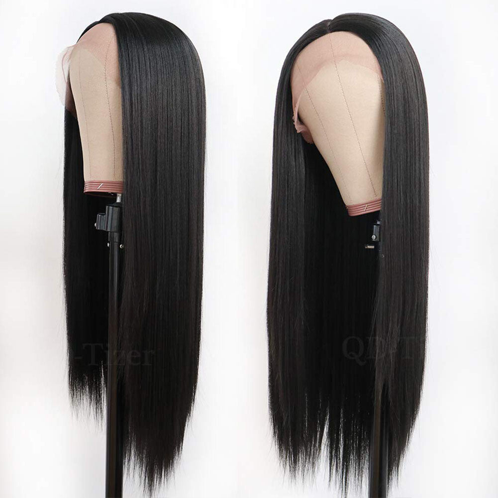 Heat Resistant Synthetic Lace Front Wig Long Black Straight Glueless Hair