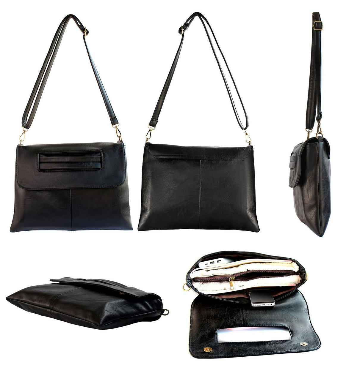 Large Black 3-in-1 Women's Clutch Shoulder Bag Faux Leather