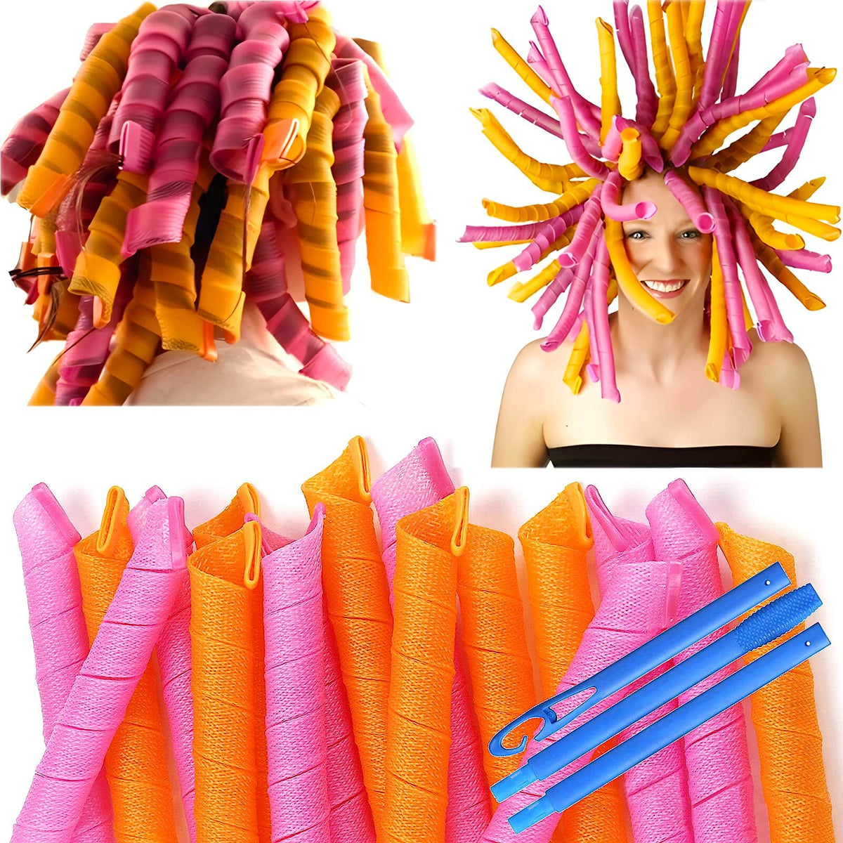 50 Pcs Heatless Spiral Hair Curlers 22 Inch with Hooks for Women - Pink & Orange