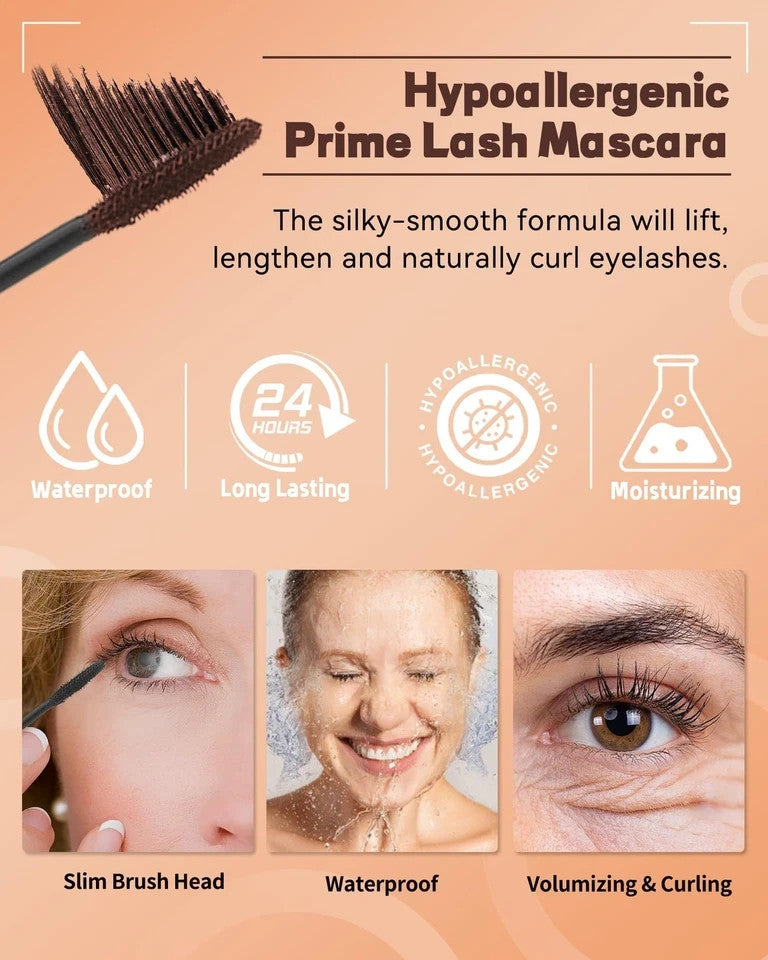 Hypoallergenic Waterproof Brown Volume & Length Mascara for Older Women 60+