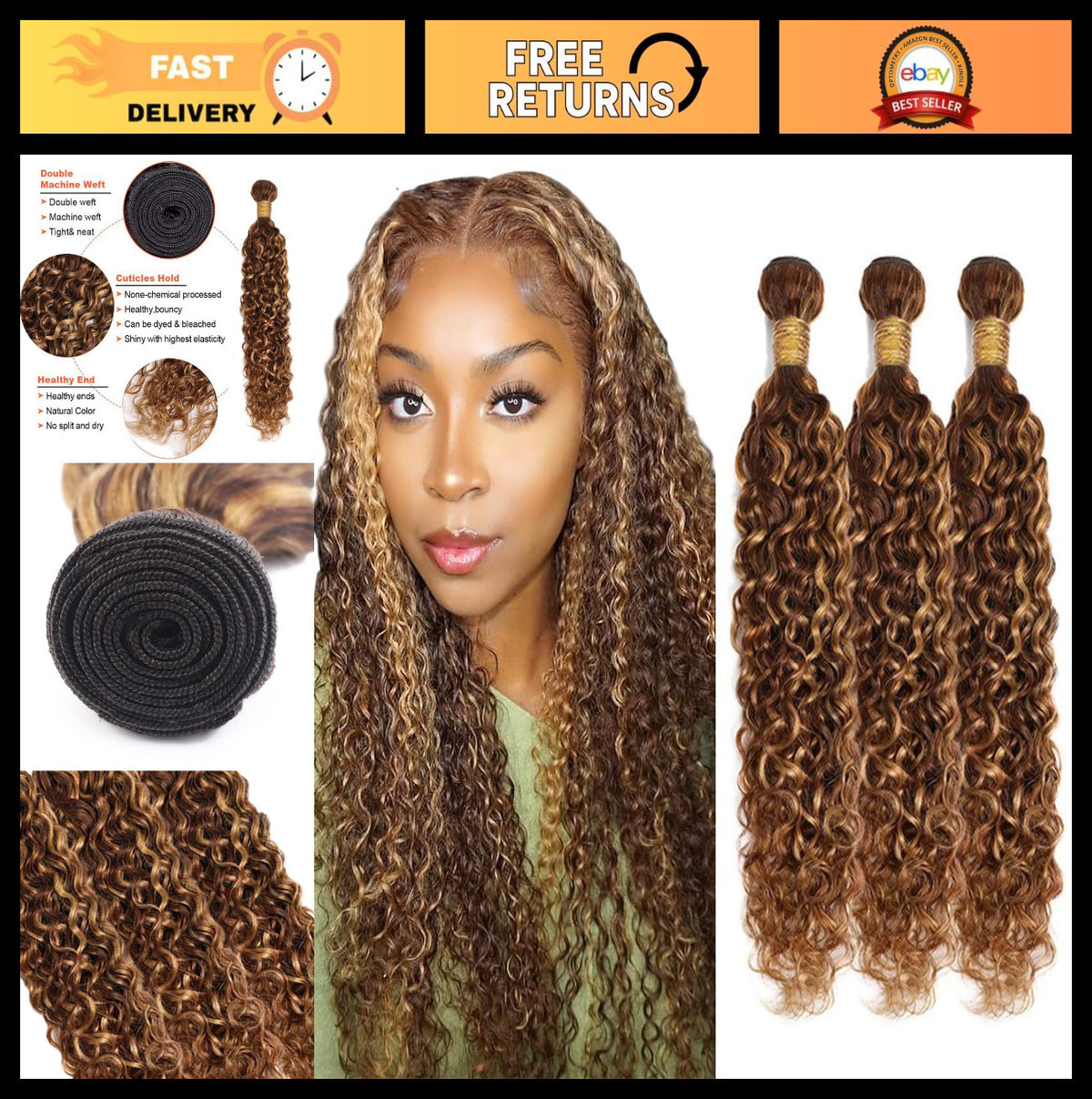 Human Hair Extensions 14-18 Inch Brown & Blonde Water Wave Bundles 3 Pack