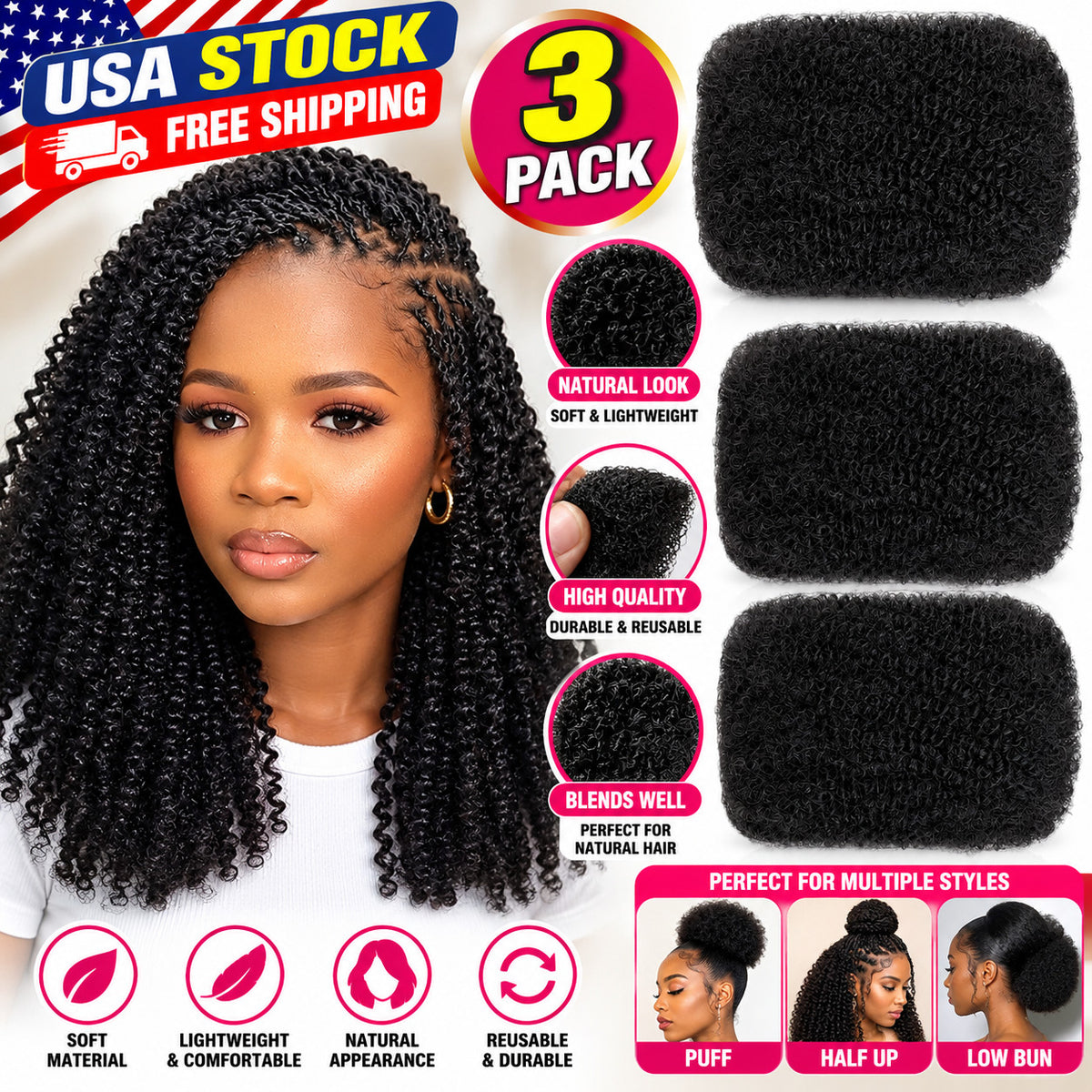 16 Inch Synthetic Kinky Curly Braiding Hair 3 Pack - Black 1B
