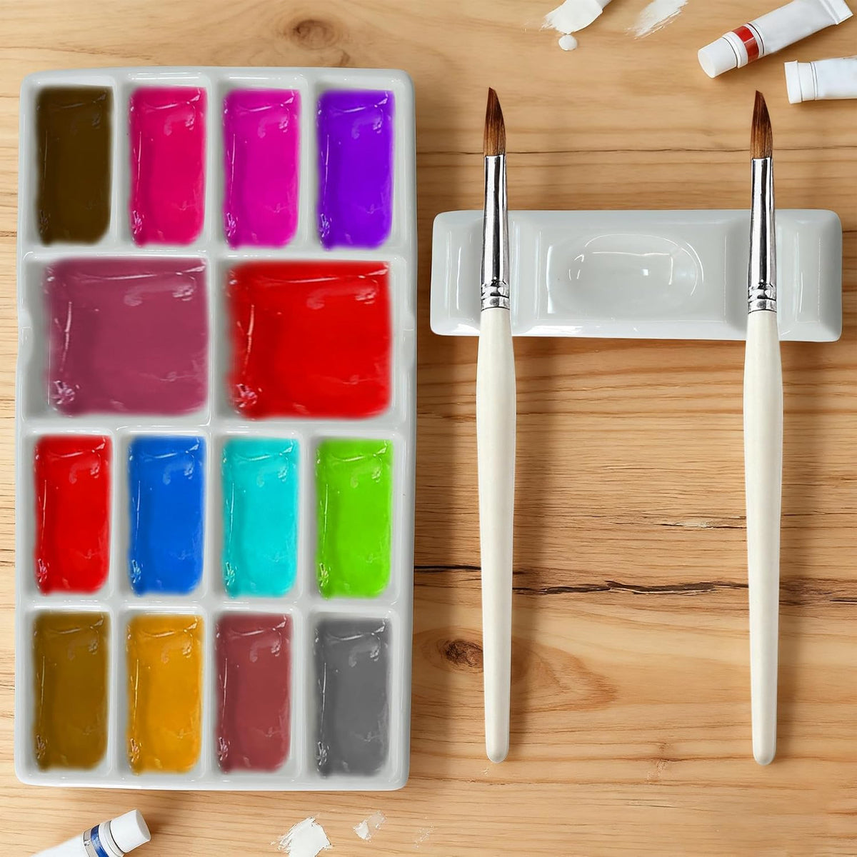 14-Well Ceramic Watercolor Paint Palette - Durable Porcelain Art Supplies