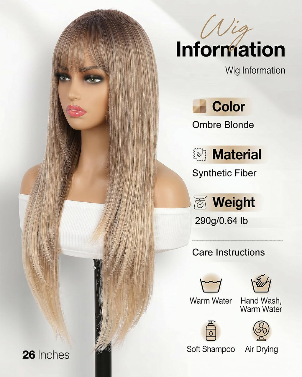 26-Inch Ombre Blonde Synthetic Wig with Bangs for Women - Heat-Resistant, Straight Hair Extension