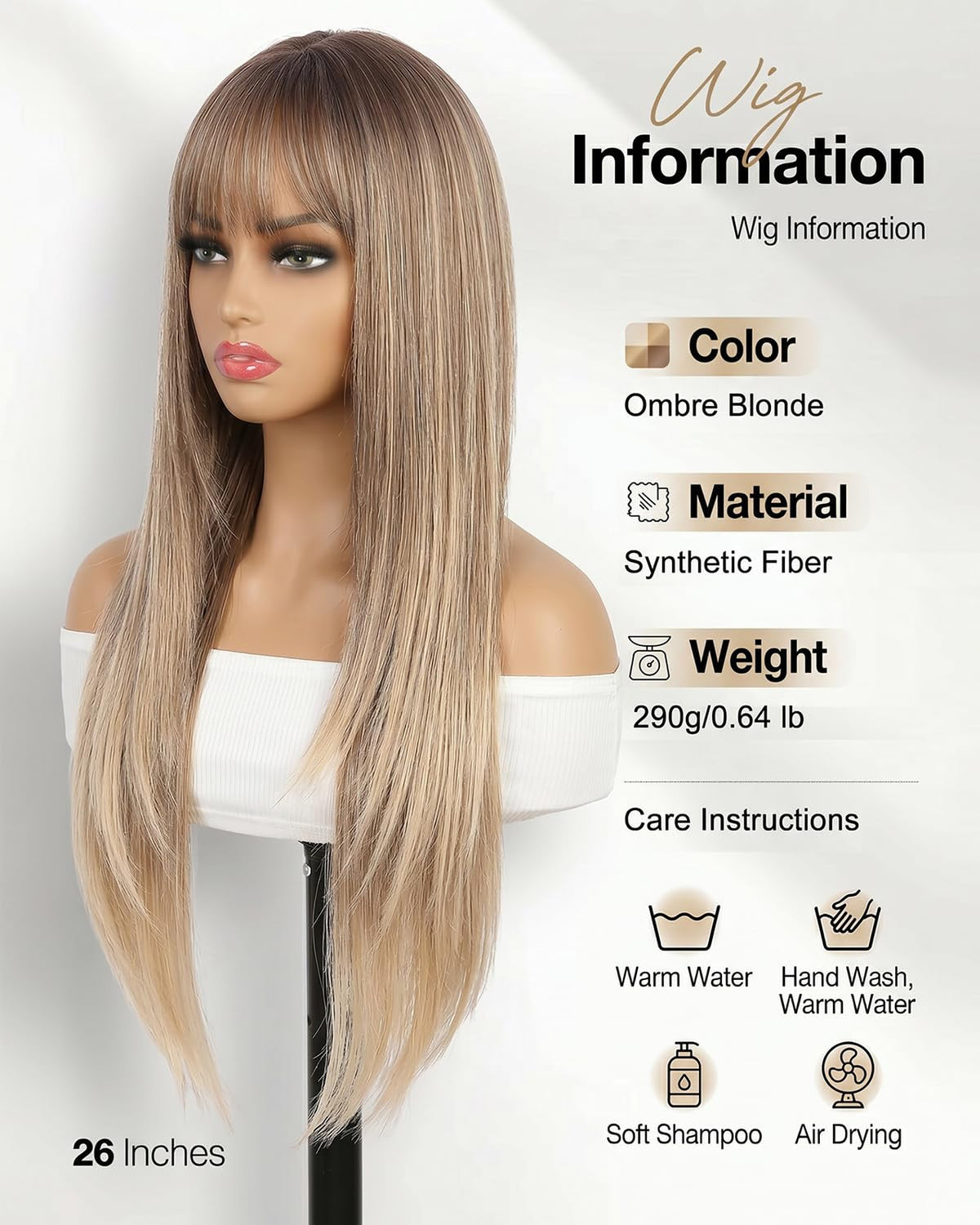 26-Inch Ombre Blonde Synthetic Wig with Bangs for Women - Heat-Resistant, Straight Hair Extension