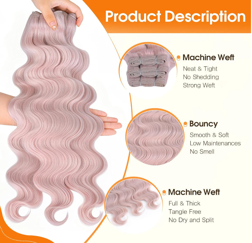Pink Synthetic Body Wave Hair Bundles - 20 Inch 3 Pack for Weaves & Styles