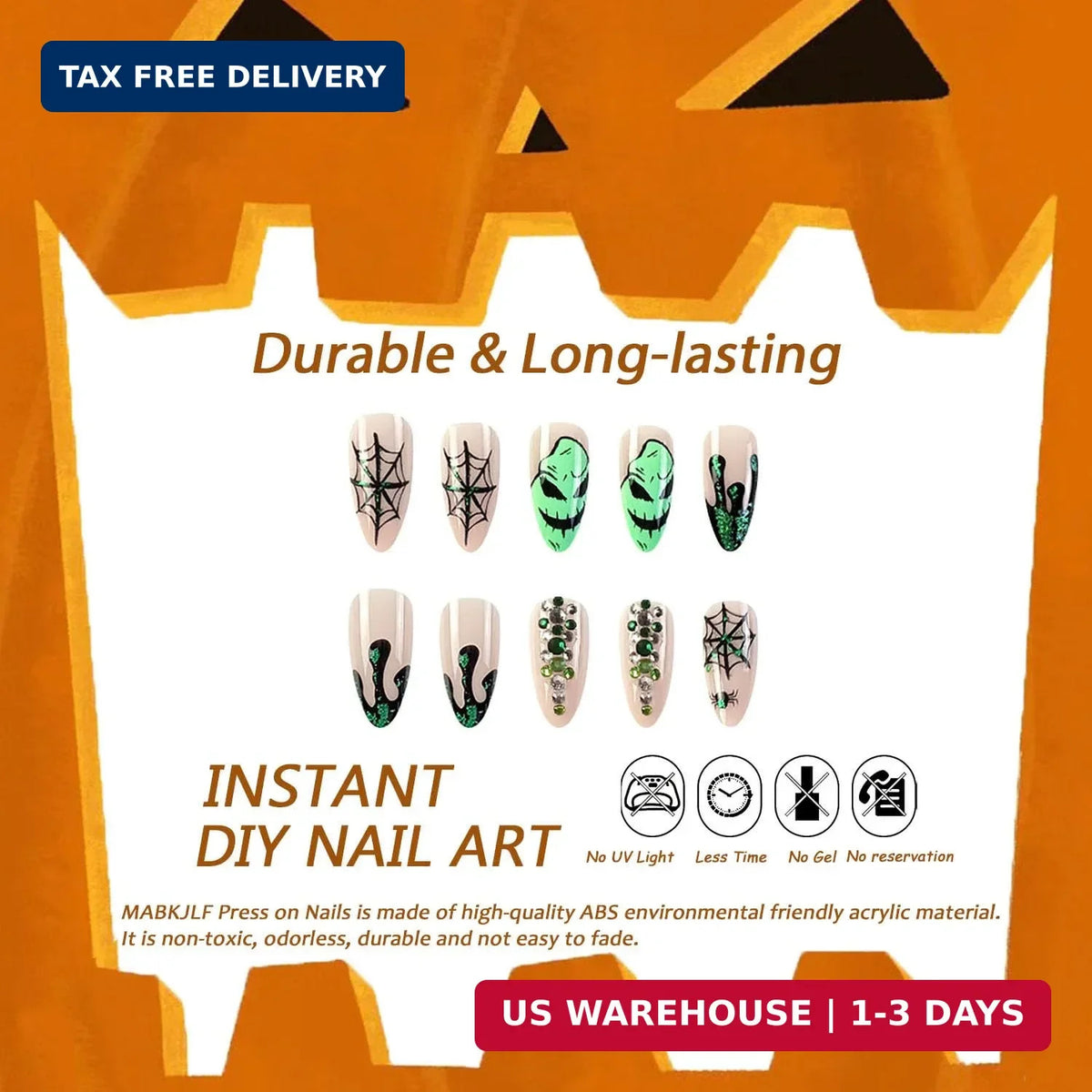 Halloween Press On Nails Medium Almond Nude with Green Spider Web - 24 Pack