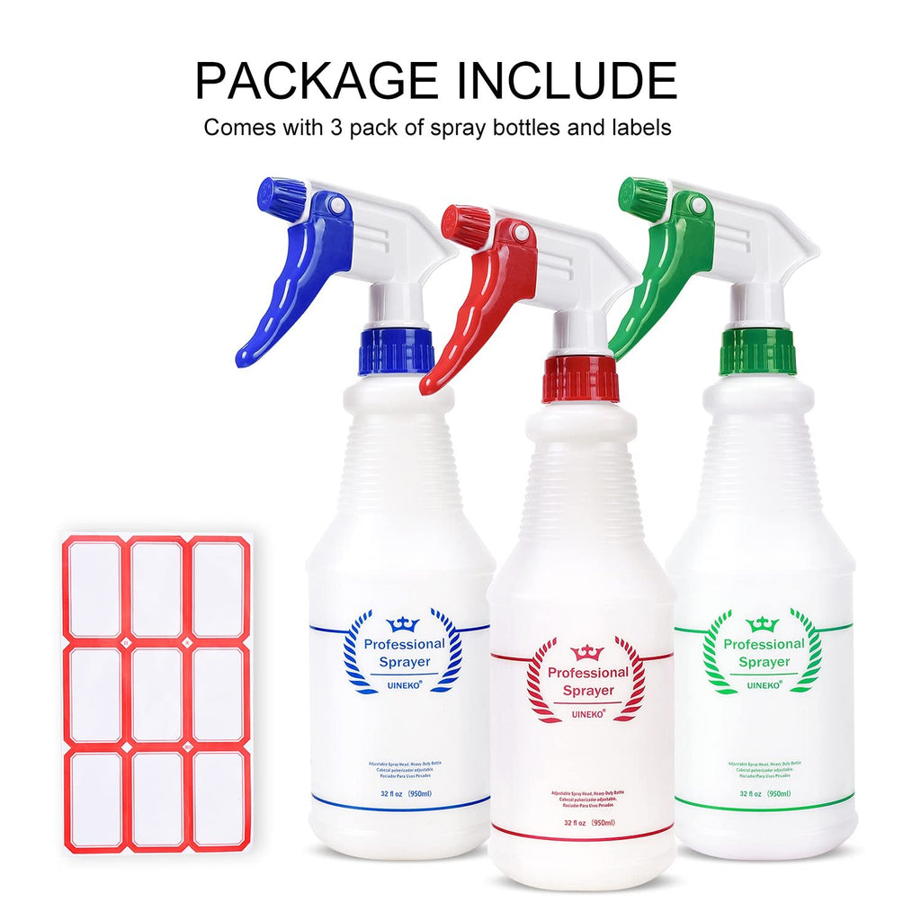 Heavy Duty 32 Oz Plastic Spray Bottles 3-Pack, Leak-Proof All-Purpose with Adjustable Nozzle
