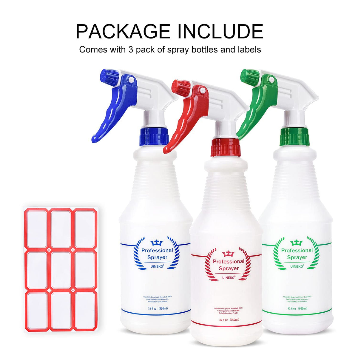 Heavy Duty 32 Oz Plastic Spray Bottles 3-Pack, Leak-Proof All-Purpose with Adjustable Nozzle