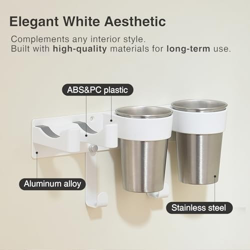 Wall Mount Hair Tool Organizer with Hooks and Stainless Steel Cup