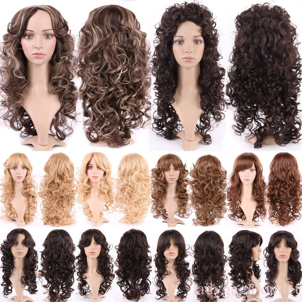 Women Long Curly Wavy Synthetic Wig with Bangs for Party & Costume