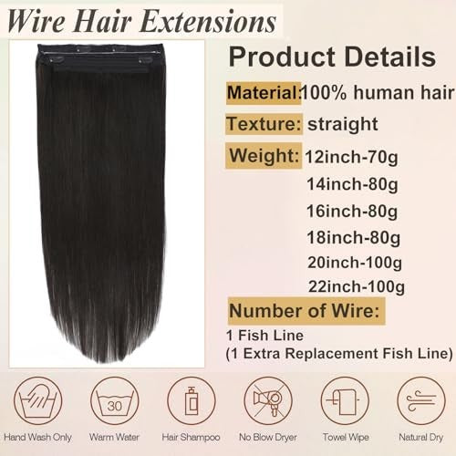 16-Inch Human Hair Extensions with Invisible Halo Wire - Natural Black, 80g, Clip-In