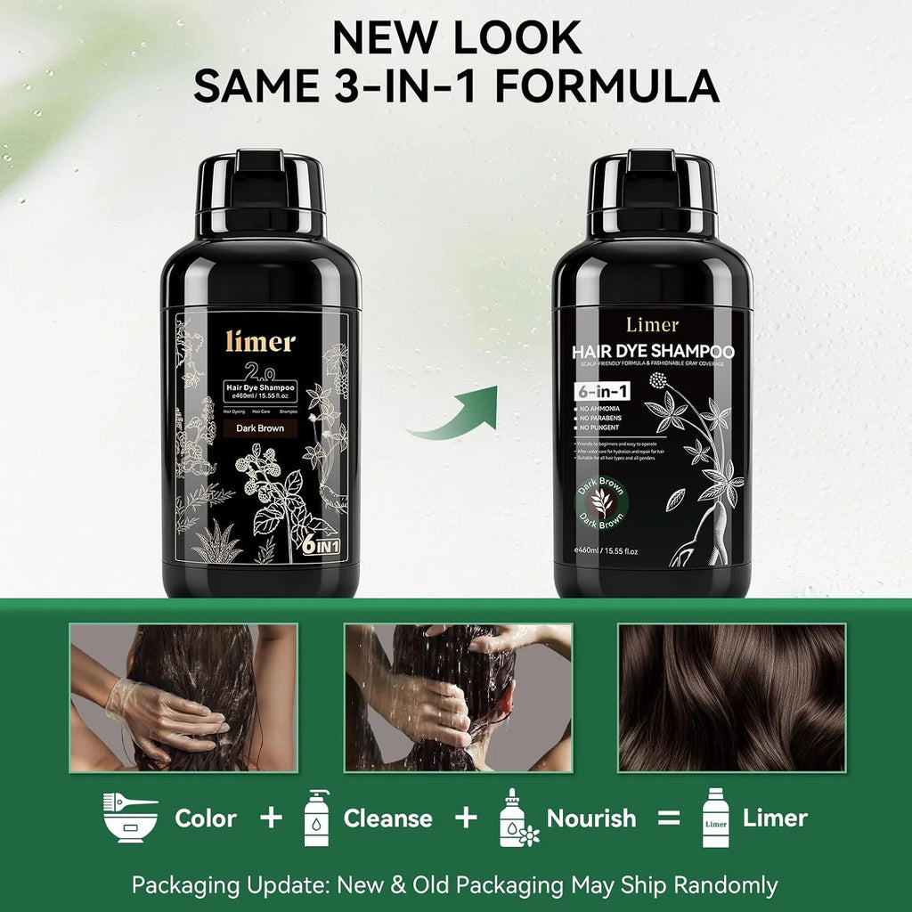 Dark Brown Hair Dye Shampoo - 3-in-1 Natural Color & Conditioner
