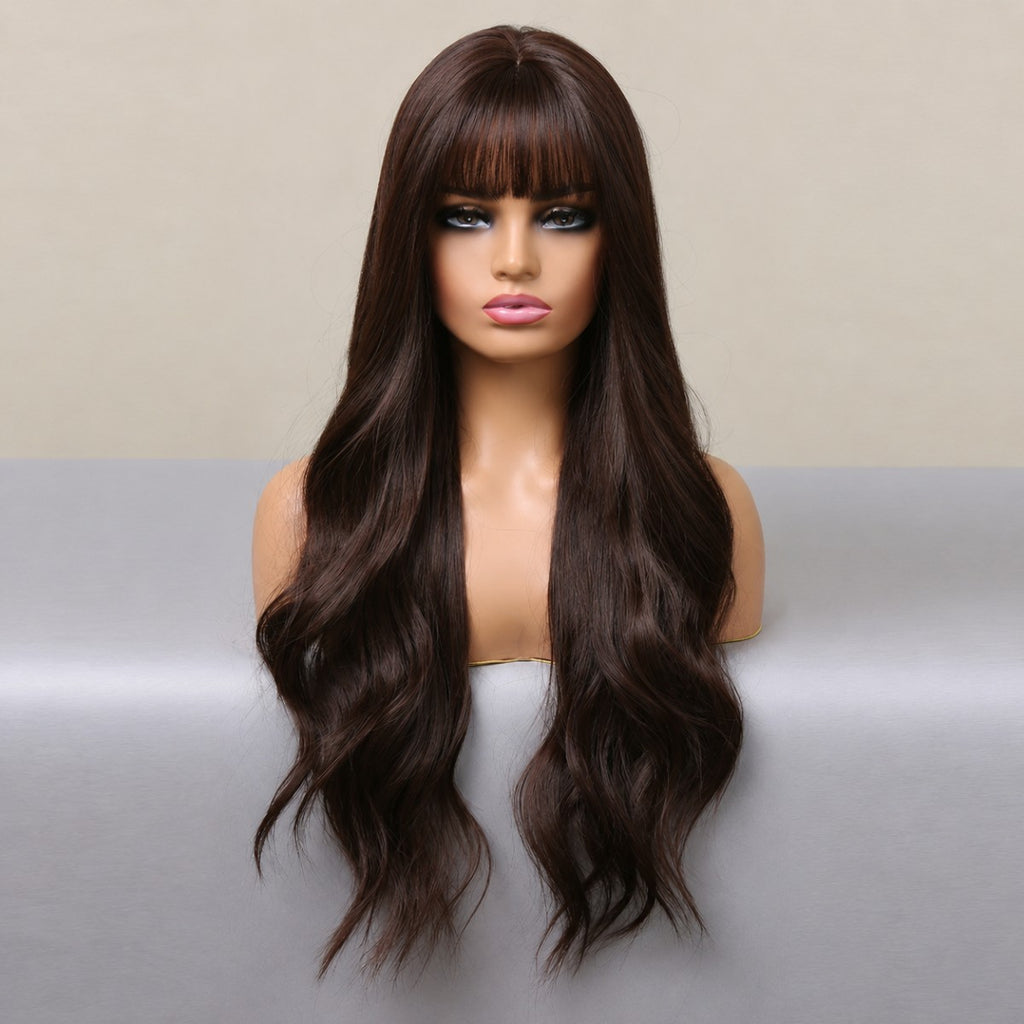 Dark Brown Long Wavy Heat-Resistant Synthetic Cosplay Wig with Bangs