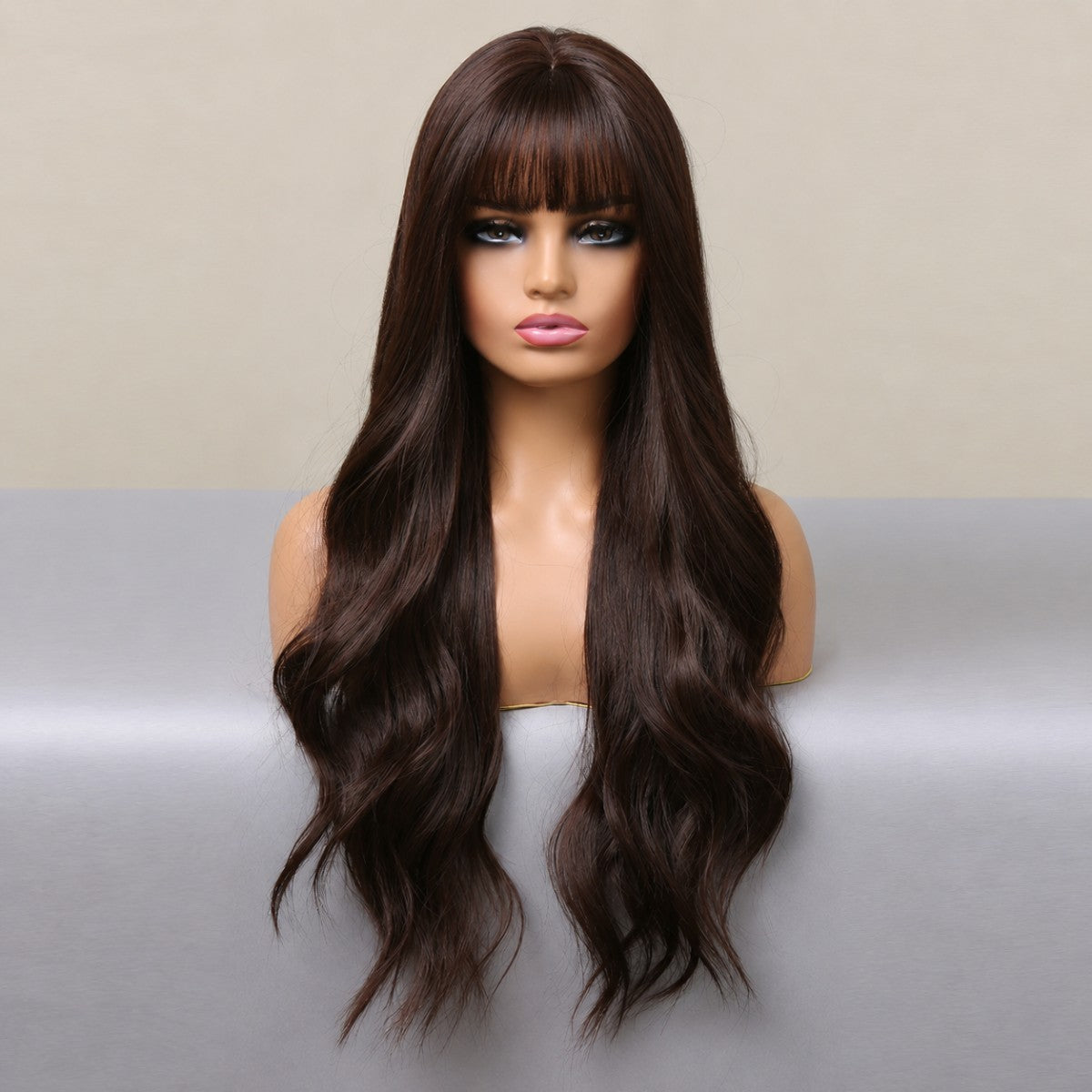 Dark Brown Long Wavy Heat-Resistant Synthetic Cosplay Wig with Bangs