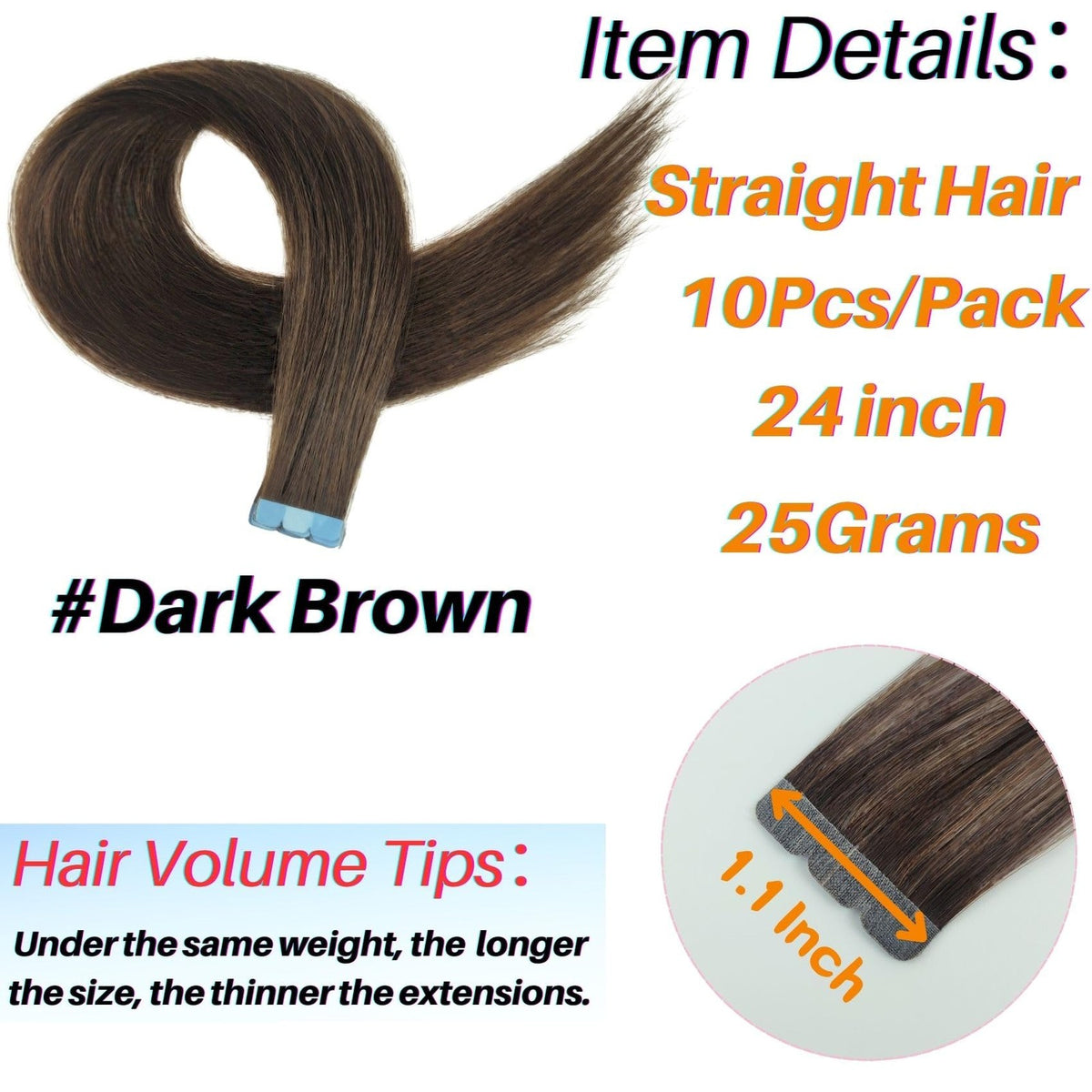 Mini Tape-In Hair Extensions Natural Brown 24 Inch - Real Human Hair