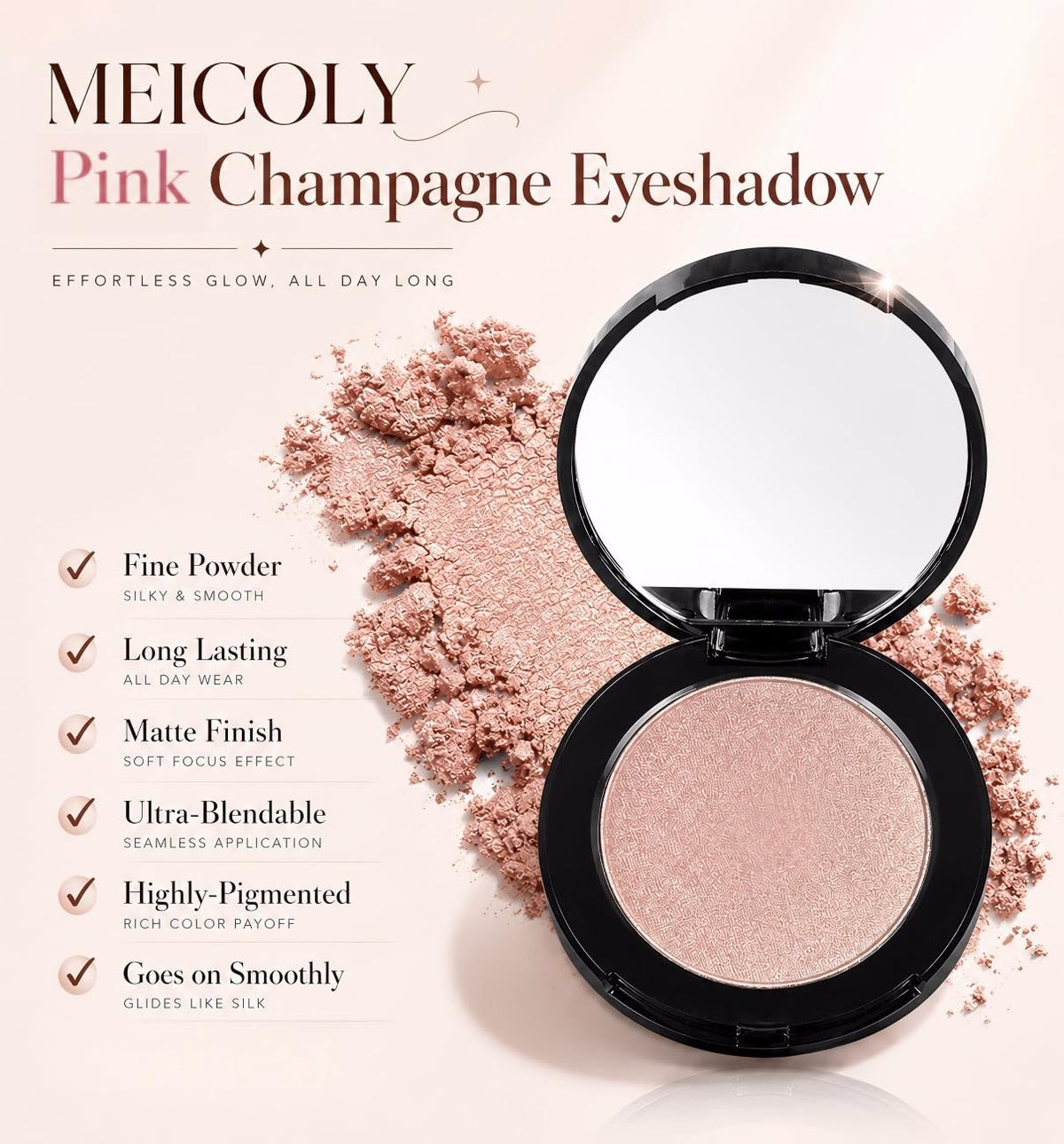 Pink Champagne Shimmer Eyeshadow with Mirror - Long Lasting 1.16 oz