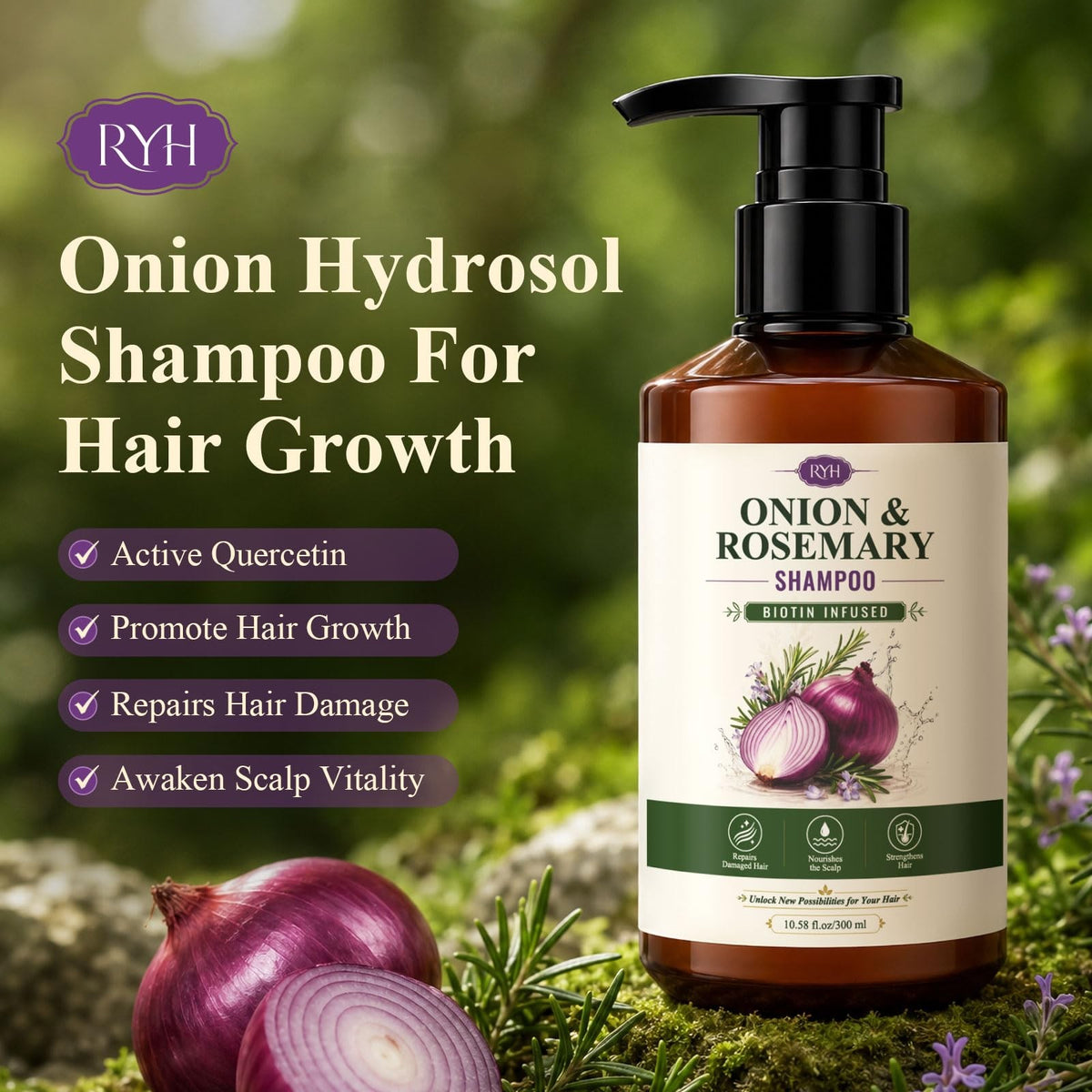 Onion Hydrosol Shampoo for Hair Growth with Biotin & Rosemary - Natural Hair Thickening Cleanser